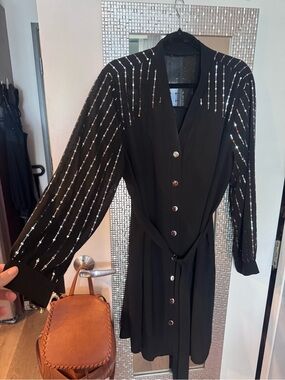 SHEIN Black Mini Dress with Sequin-Striped Sleeves